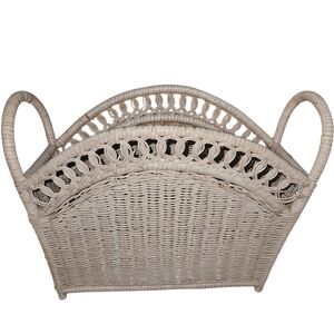 Vintage Boho Cottagecore White Wicker Magazine Rack Holder Cottage Bohemian